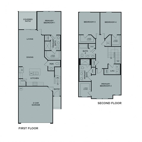 A diagram of a two-story house with labeled rooms.